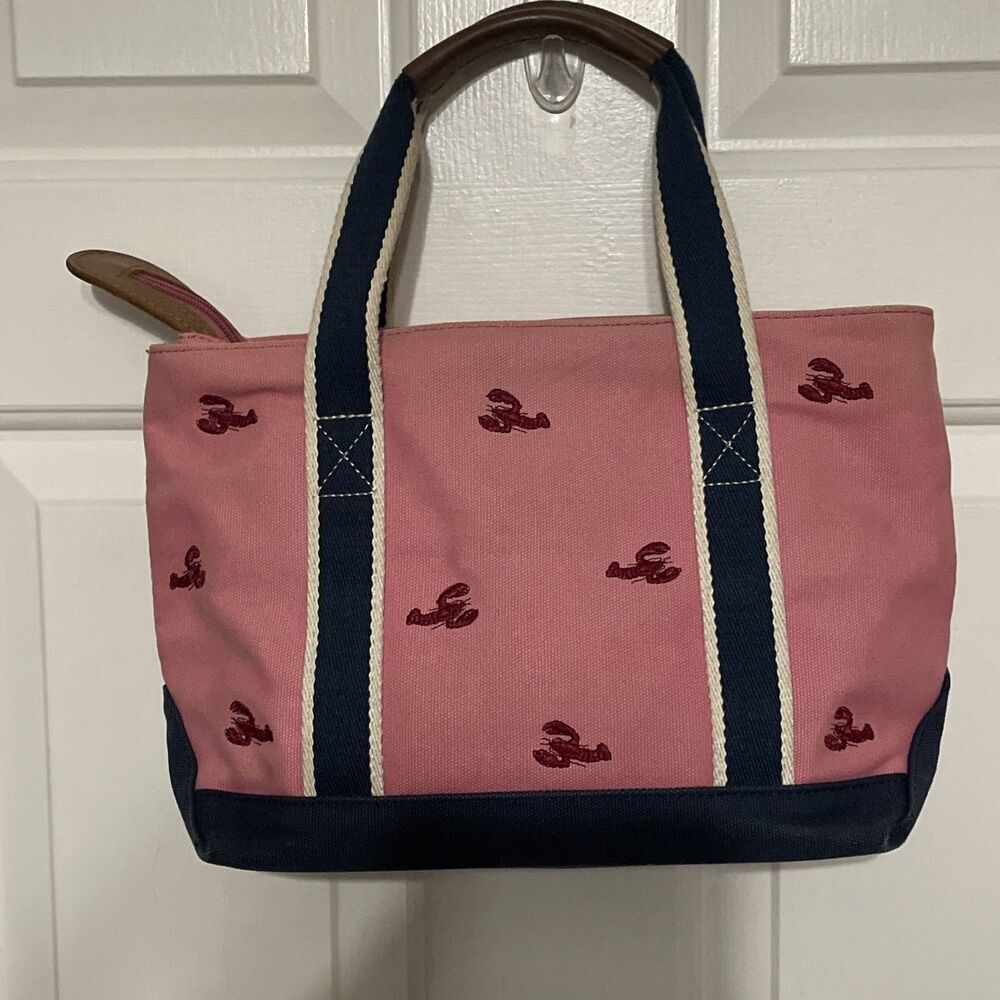 Vtg Rare LL Bean Pink canvas tote Bag Purse with Embroidered Lobsters